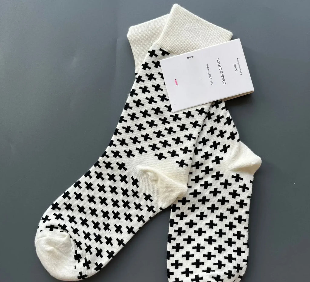 White Northbound Cross Crew Socks | Minimalist Black & White Cotton Socks