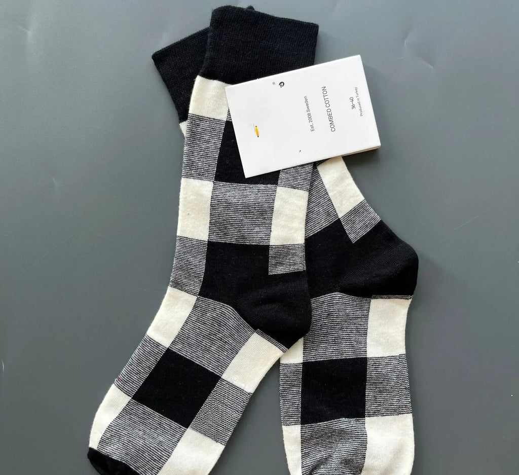 After Hours Crew Socks | Black & White Plaid Cotton Socks